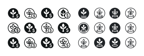 Black and white plant icons with dollar signs in circles