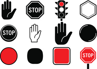 Collection of traffic and hand signal icons in black and white and red stop sign traffic light