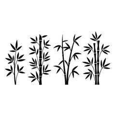 A simple black and white illustration featuring four bamboo plant designs
