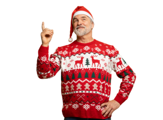 Merry mature man wear knitted christmas sweater Santa hat presenting something on transparent background. New year shopping idea concept. New Year 2026 Christmas