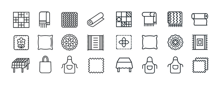 Collection of textile and home decor icons: rugs, cushions, tabl