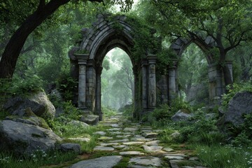 Obraz premium An old stone archway stands amidst lush greenery, inviting exploration. Mossy stones pave a path through the tranquil woods. Magical gateway to nature.