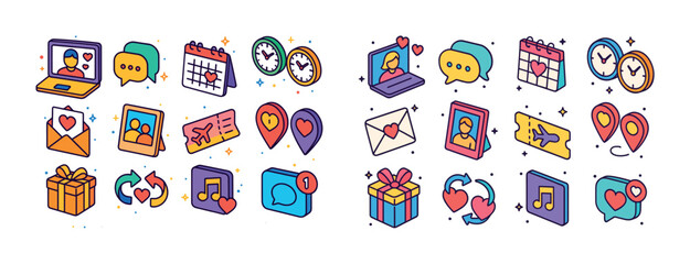 Colorful communication icons set: chat, travel, time, and social