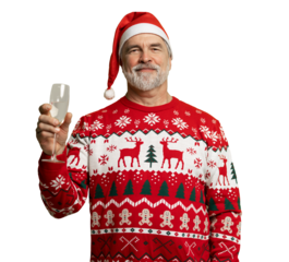 Merry mature man wear knitted christmas sweater Santa hat posing, hold glass with champagne look camera isolated on transparent background. Happy New Year 2026 Christmas celebration holiday concept