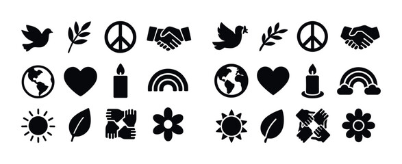 Fototapeta premium Collection of peace and unity symbols: doves, peace signs, heart