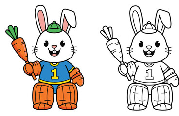 Adorable cartoon rabbit cricket player with a carrot bat dressed in athletic attire vector drawing for a coloring book with a black and white outline