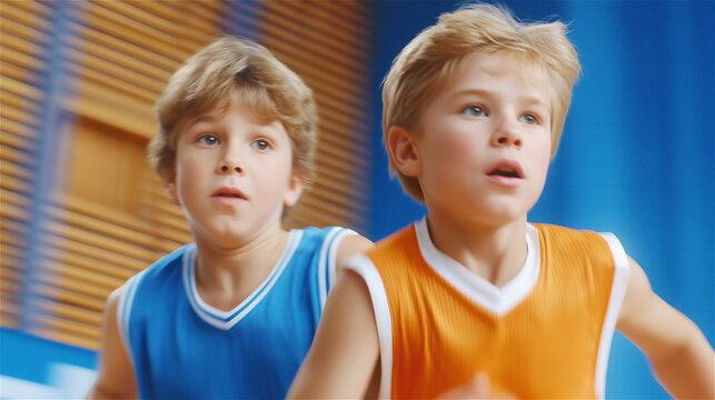 Two young boys in colorful sports jerseys looking forward with focused, surprised expressions, representing youth athletics, teamwork, and motivation in a bright indoor arena. - Powered by Adobe
