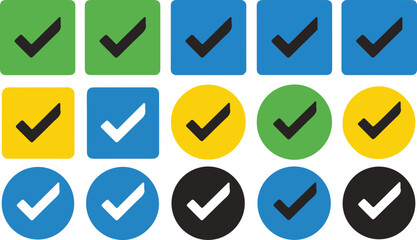 Set of Check Mark Icons in Squares and Circles with Different Colors Keywords: check mark, tick, check, yes, correct, approved, done, completed