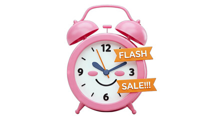 Pink Alarm Clock with Flash Sale Message on White Background