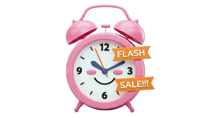 Pink Alarm Clock with Flash Sale Message on White Background