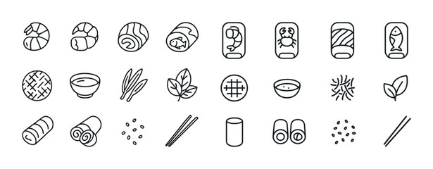 Sushi and asian cuisine line icons: shrimp, soup, sushi rolls, c