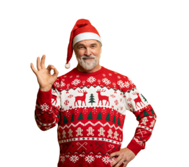 Happy charming positive mature man make okay sign recommend, wear knitted christmas sweater and santa hat isolated on transparent background