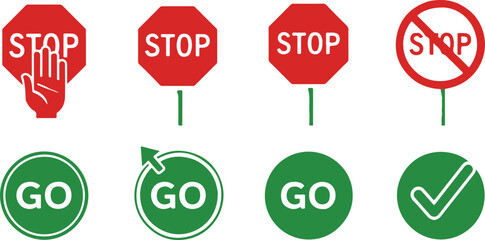 Stop and go traffic signs and symbols on white background Keywords: stop, go, sign, traffic, symbol, red, green, octagon, circle, arrow, check