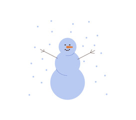 smiling snowman is under snowfall. festive winter cold man character with arm sticks and carrot. vector illustration