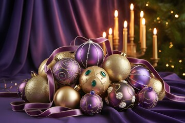 A beautiful arrangement of purple and gold christmas ornaments on a velvet cloth with candles