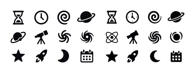 Space and time icons: planets, telescopes, clocks, and calendars
