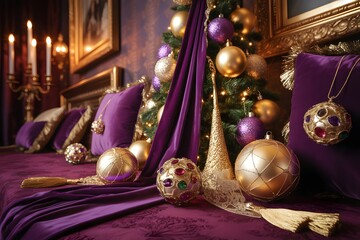 A lavish purple and gold christmas setting with ornate decorations and warm candle light