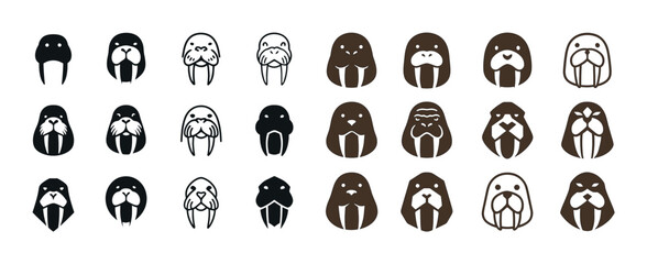 Fototapeta premium Cartoon walrus faces in various styles and expressions