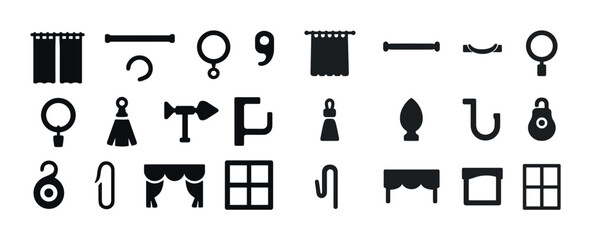 Curtain and window icons set: drapes, rods, hooks, and more