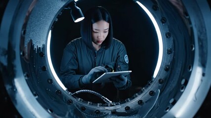 Female engineer inspects aircraft engine using tablet. Woman technician works inside turbine. Mechanic repairs jet engine. Aviation worker checks turbine with tablet. Engineer inside aircraft engine. - Powered by Adobe