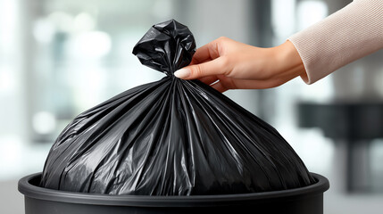 A hand grasps a tightly tied black garbage bag, ready to dispose of it in a sleek trash can, highlighting cleanliness and organization.