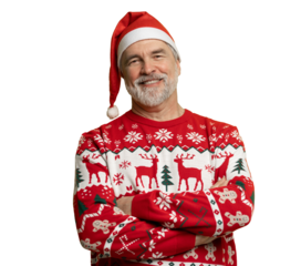 Merry satisfied smiling mature man wear knitted christmas sweater Santa hat posing on isolated transparent background. Happy New Year 2026 celebration holiday concept