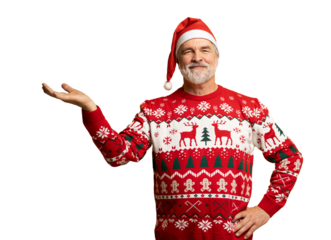 Merry mature man wear knitted christmas sweater Santa hat presenting something on transparent background. New year shopping idea concept. New Year 2026 Christmas