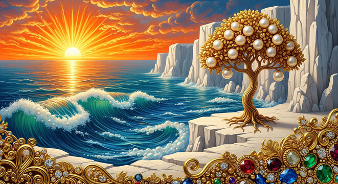 Golden Pine Tree and Ocean at Coastal Sunset, 3D Bas-Relief Art Landscape. 3D Wallpaper for cover, mural wall art, invitation, poster, canvas print, wall decor painting design