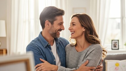 A middle-aged couple embracing with affection in a sunlit living room.
