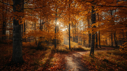 Fototapeta premium Autumn Forest Path with Golden Sunrise