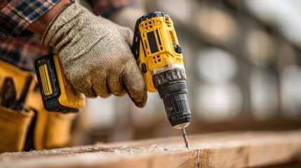 Construction worker drilling wood: Close-up of a construction worker using a cordless drill to fasten a screw into a piece of wood, embodying precision and craftsmanship