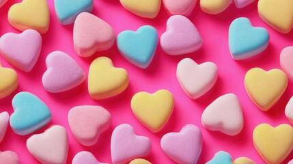 Obraz premium Colorful heart-shaped candies are scattered on a pink background