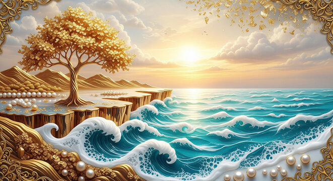 Golden Pine Tree and Ocean at Coastal Sunset, 3D Bas-Relief Art Landscape. 3D Wallpaper for cover, mural wall art, invitation, poster, canvas print, wall decor painting design