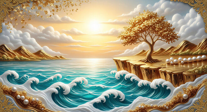 Golden Pine Tree and Ocean at Coastal Sunset, 3D Bas-Relief Art Landscape. 3D Wallpaper for cover, mural wall art, invitation, poster, canvas print, wall decor painting design