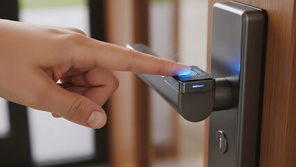 Close-up of a person's finger activating a high-tech digital door lock featuring state-of-the-art biometric authentication for enhanced security and convenient entry