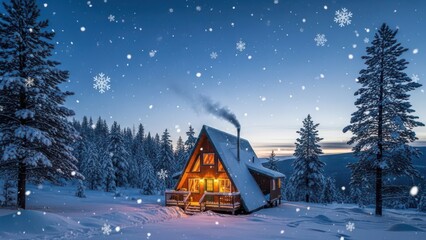 Cozy wooden cabin nestled in a snowy forest at dusk with warm light glowing from windows and snowflakes falling evoking winter holidays and peaceful retreat