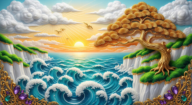 Golden Pine Tree and Ocean at Coastal Sunset, 3D Bas-Relief Art Landscape. 3D Wallpaper for cover, mural wall art, invitation, poster, canvas print, wall decor painting design
