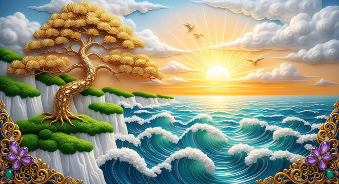 Golden Pine Tree and Ocean at Coastal Sunset, 3D Bas-Relief Art Landscape. 3D Wallpaper for cover, mural wall art, invitation, poster, canvas print, wall decor painting design