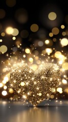 Golden glitter heart shines on a black background with light particles surrounding the design at night