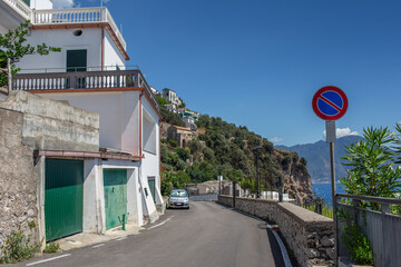 Asphalting road on Amalfi coast. Natural landscape.