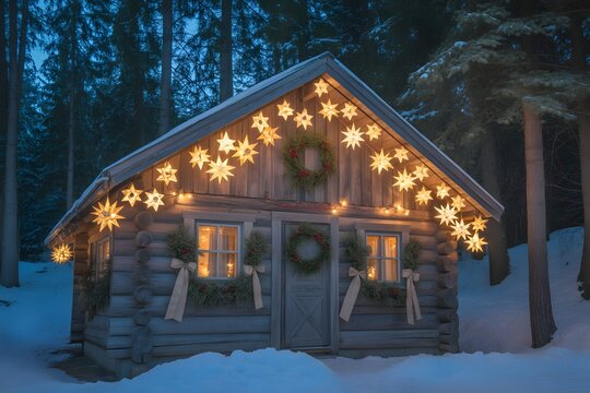 A cozy log cabin decorated with star lights in a snowy winter forest at dusk - Powered by Adobe