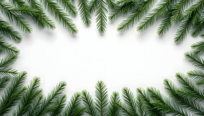 Christmas background. Green fir branches on a white backdrop. Christmas, winter holidays, New Year	
