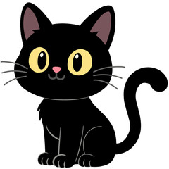 Cute black cartoon cat with big yellow eyes sitting happily in a simple playful illustration style