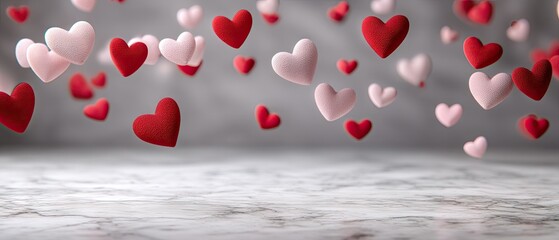 Obraz premium Hearts falling on the floor with confetti create a bright scene for Valentine's Day celebration indoors