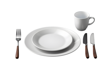 Clean modern dining plate set with fork and spoon arranged on top, restaurant-style presentation, Isolated to Transparent Background