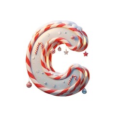 A festive 3d render of the letter c decorated with christmas candy canes