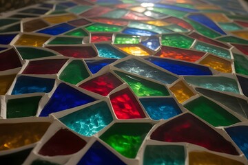 A close-up view of a colorful stained glass mosaic pattern with vibrant light shining through