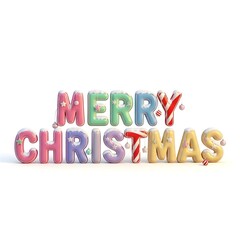 A colorful and playful 3d rendering of 'merry christmas' with candy cane letters and decorations