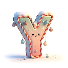 A delightful 3d rendered letter y with a kawaii face and festive christmas decorations