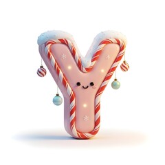 A cute and festive letter y illustration with candy cane trim and hanging christmas ornaments